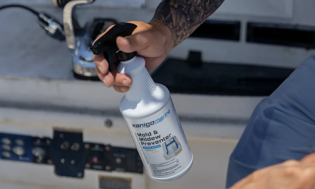 Maintenance routine with Xanigo Marine Mold & Mildew Preventer to prevent future mold growth on cleaned boat seats
