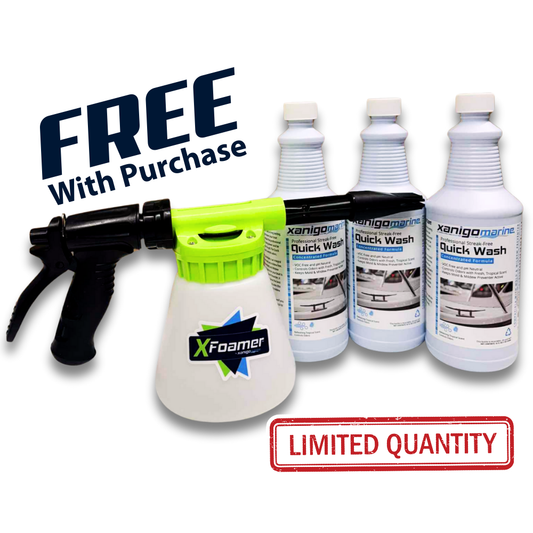 XFoamer spray bottle with three XFoamer Quick Wash bottles on a white background, featuring 'Free With Purchase' and 'Limited Quantity'